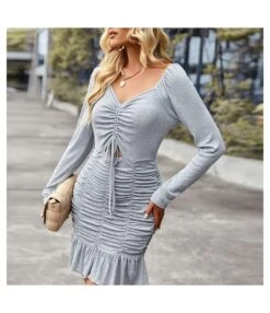 Long Sleeve Drawstring Pleated Ruffled Bodycon Dress Wholesale Dresses SDN536757
