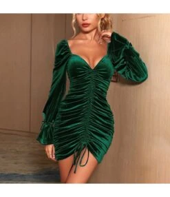 Sexy Long Sleeve Pleated Package Hip Velvet Dress Wholesale Bodycon Dresses SDN536204