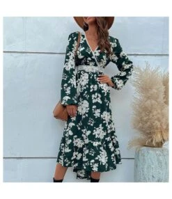 Floral Print Ruffle Long Sleeve Irregular Midi Dress Wholesale Dresses SDN538422