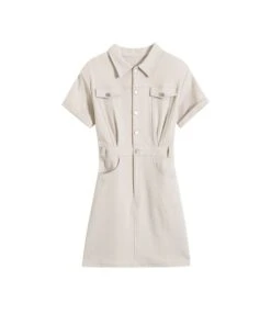 Casual Two-Pocket Lapel Short-Sleeved Button-Down Slim-Fit Dress Wholesale Dresses SDV464344