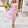 Temperament Elegant Tie-Up Waist V-Neck 3/4 Sleeve Floral Swing Dress Wholesale Dresses N5323022700047