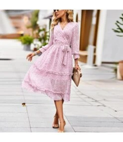 Temperament Elegant Tie-Up Waist V-Neck 3/4 Sleeve Floral Swing Dress Wholesale Dresses N5323022700047