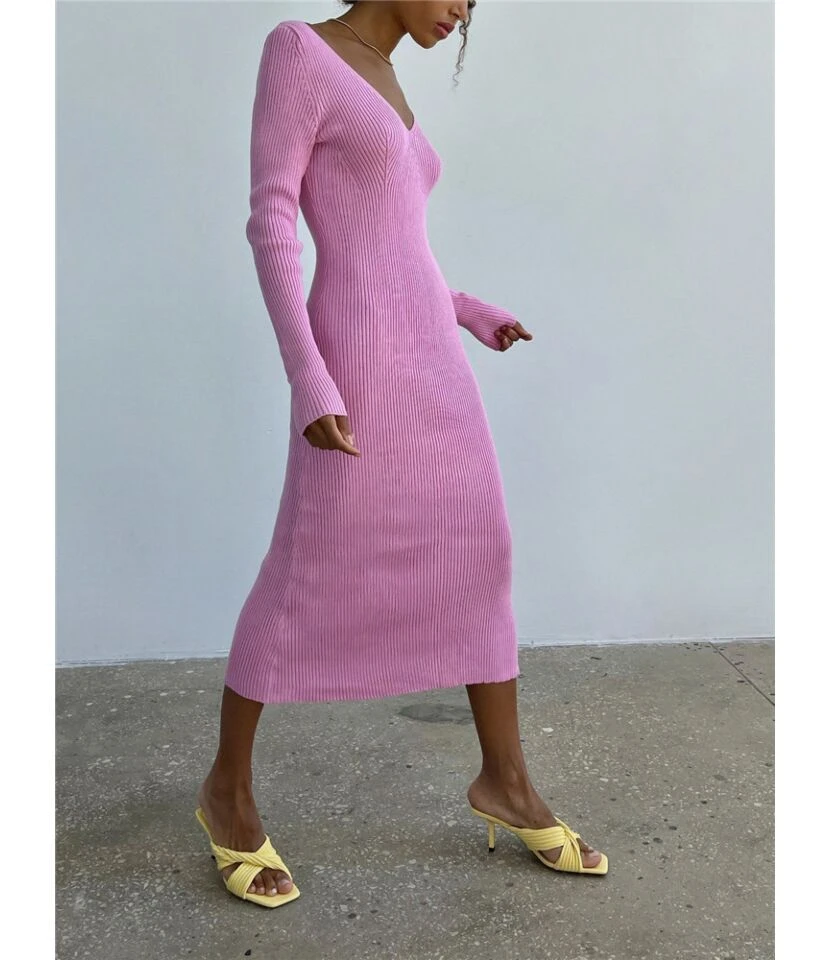 Knitted Long Sleeve Deep V Slim Solid Color Midi Dress Wholesale Dresses SDV463847 9 Knitted Long Sleeve Deep V Slim Solid Color Midi Dress Wholesale Dresses SDV463847 - Image 7