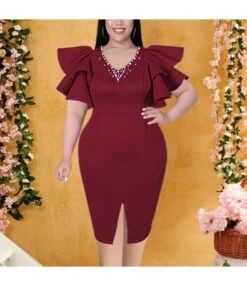 Sexy V-Neck Ruffle Sleeves Beaded Party Bodycon Mini Dress Wholesale Dresses SDN562652