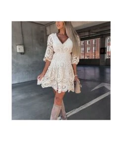 Hollow Half-Sleeved Irregular Lace V-Neck Layered Dress Wholesale Dresses N4601423032800161