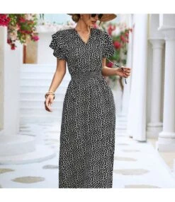 V-Neck Tie Slit Print Slim Fit Elegant Short-Sleeved Dress Wholesale Dresses