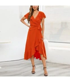 Elegant Lotus Leaf Swing V-Neck Slim Chiffon Ruffle Dress Wholesale Dresses N5323030300063