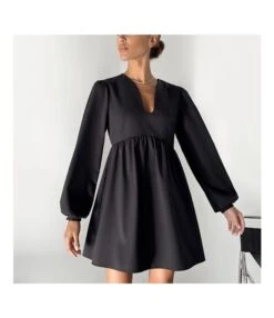 Commuting Simple V-Neck Lantern Sleeve Solid Color A-Line Dress Wholesale Dresses N463523021400186