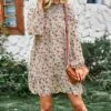 Casual Floral Mini Dress Crew Neck Long Sleeve Vacation Wholesale Dresses SDN561073