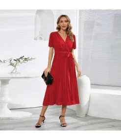 Temperament V-Neck Puff Sleeves Pleated Slim Solid Color Commuter Midi Dress Wholesale Dresses SDV464027 -OTIS Clothing Shop d43b4471 37a7 48b0 820f 6fde2769f773 5f77f5549f98cb10b1734280a36bd33d