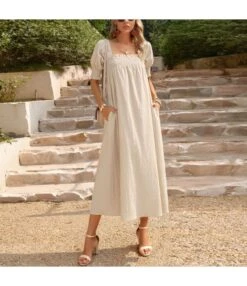 Elegant Flower Petal Sleeve Solid Color Square Neck Long Dress Wholesale Dresses V5923041200032