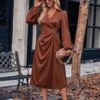 Casual V-Neck Solid Colour Tie Waist Long Sleeve Dress Wholesale Dresses N5923082300037