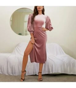3/4 Puff Sleeve Sexy Slit Bag Hip Mid-Length Velvet Dress Wholesale Dresses SDN539000