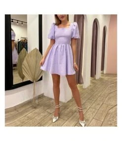 Fashion Square Neck Bubble Sleeve Jacquard Backless A-Line Mini Dress Wholesale Dresses SDN562841