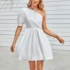One Shoulder Puff Sleeve Solid Color Waist Swing Dress Wholesale Dresses SDN538808