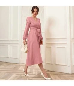 Puff Sleeve V-Neck Wide Swing Ladies Midi Dress With Belt Elegant Business Casual Women Wholesale Dresses SD204568 -OTIS Clothing Shop df311bff 82f1 40dc 97de dc1913128028 29bad44b9d601695ef26ac7a0fc4c739