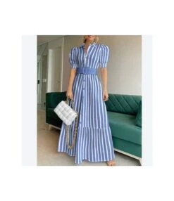 Solid Color High Waist Puff Sleeve A-Line Maxi Dress With Belt Elegant Wholesale Shirt Dresses Business Casual Women SD531218