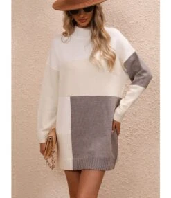 Elegant Colour Blocked Round Neck Knitted Long Dress Wholesale Dresses N5923082600022