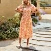 Elegant Botanical Floral Full Print Bubble Sleeve Square Neck Long Dress Wholesale Dresses V5923041200043