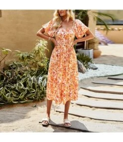 Elegant Botanical Floral Full Print Bubble Sleeve Square Neck Long Dress Wholesale Dresses V5923041200043