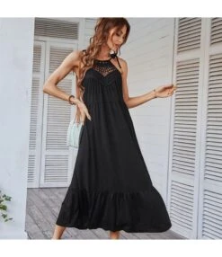 Wholesale Dresses Casual Maxi Dress Halterneck Hollow Design Knitted SD191120