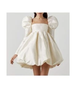 Sexy Square Neck Satin Dress Puff Sleeve Solid Color A-Line Wholesale Dresses SDN560919