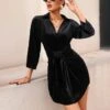 Velvet Lapel Lace-Up Mini Dress Long Sleeve Bodycon Wholesale Dresses SDN561527
