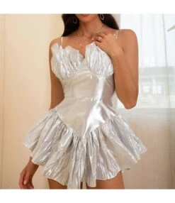 Pleated Solid Color Ruffled Suspenders Party Evening Dress Wholesale Dresses N4623051900089