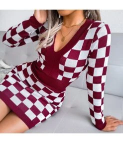Sexy Knitted Dress Women V-Neck Plaid Printing SD162181 -OTIS Clothing Shop eeebb690 ee19 477b af83 cef5e829343e 88EB01730E457306AE40AFE9B0835F53