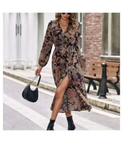 Elegant Long-Sleeved Fashion Printed Slim Slit A-Line Midi Dress Wholesale Dresses SDN538604