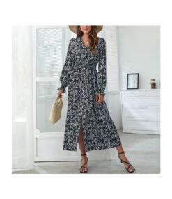 Floral Print V Neck Long Sleeve Midi Flowy Dress Casual Wholesale Dresses SDN532614