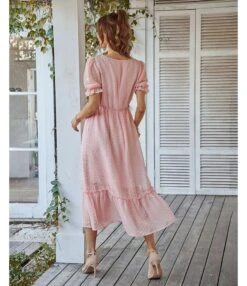 Elegant V Neck Flocking Midi Dress Short Sleeve Solid Color High Waist Wholesale Dresses SDN560431 -OTIS Clothing Shop f1068ba4 d9de 4081 bf08 63286ea5537c 1c919b431633c70c69fe046689c760ac