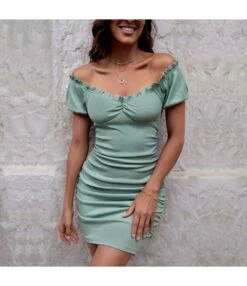 Sexy Off Shoulder Pleated Dress Puff Sleeves Solid Color Bodycon Wholesale Dresses SDN560563