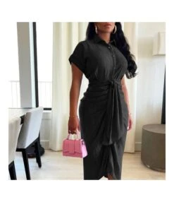 Denim Ruched Tie Button Short Sleeve Irregular Fit Dress Wholesale Dresses SDV464129