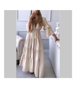 Sexy Deep V-Neck Lace-Up Tiered Swing Maxi Dress Solid Color Lotus Leaf Long Sleeve Loose Wholesale Dresses SDN560660