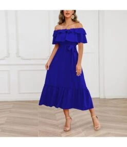 Solid Color Off-Shoulder Lace-Up Waist Mid-Length Ruffle Swing Dress Wholesale Dresses N5323021800028