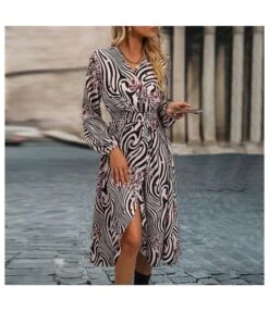 Fashion Printed Nipped Waist Slit Dress Casual Dress Wholesale Dresses SDN537971