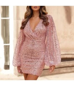 Long-Sleeved V-Neck Sequin Waist-Hugging Hip Dress Wholesale Dresses SDN537154