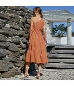 Fashion Solid Color High Waist Slanted Shoulder Smocked Dress Midi Casual Wholesale Dresses SD168401 -OTIS Clothing Shop fdd5e81a dc9f 464c bc08 33440945fa72 b8004cbf896beb3ad10d89b11b851832